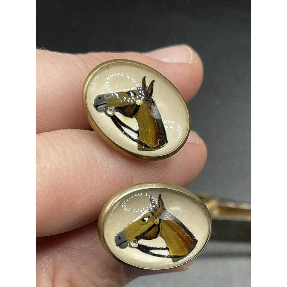Vintage Painted Horse Head Tie Clip & Cuff Links